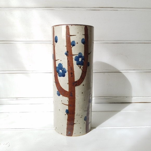 JAPANESE STONEWARE Cylindrical Vase Vintage Rustic - Picture 2 of 8